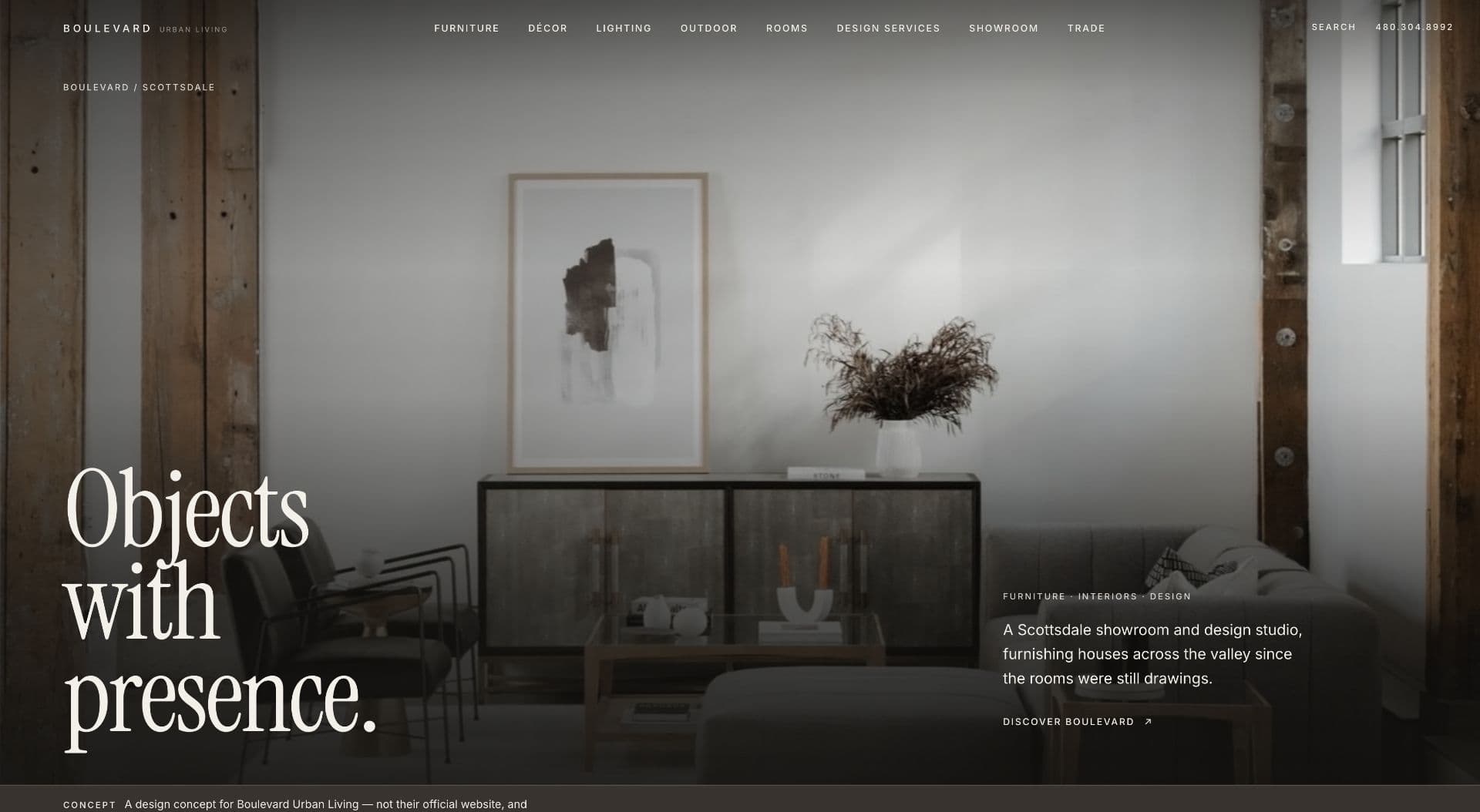 Boulevard Urban Living website homepage featuring a warm Scottsdale interior and the headline Objects with presence
