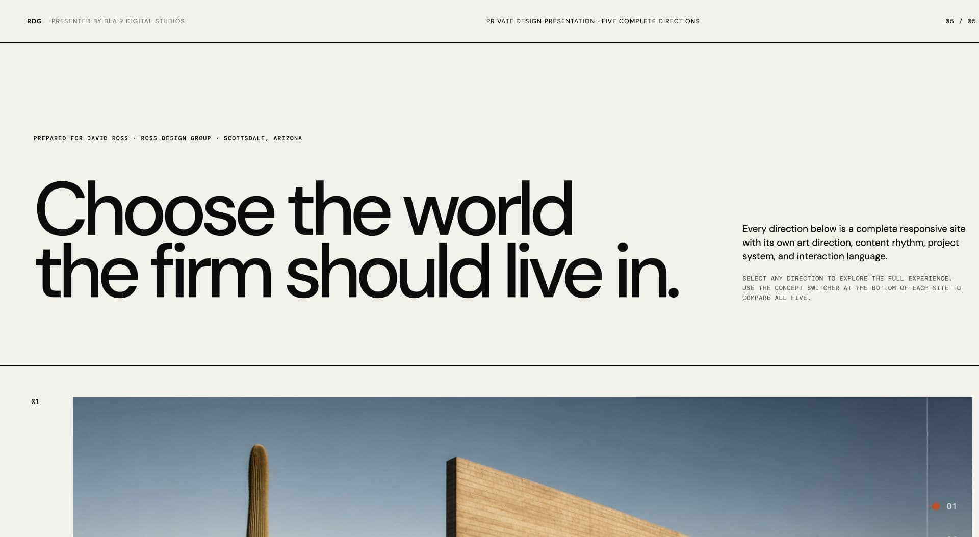 Ross Design Group private design presentation showing five complete website directions