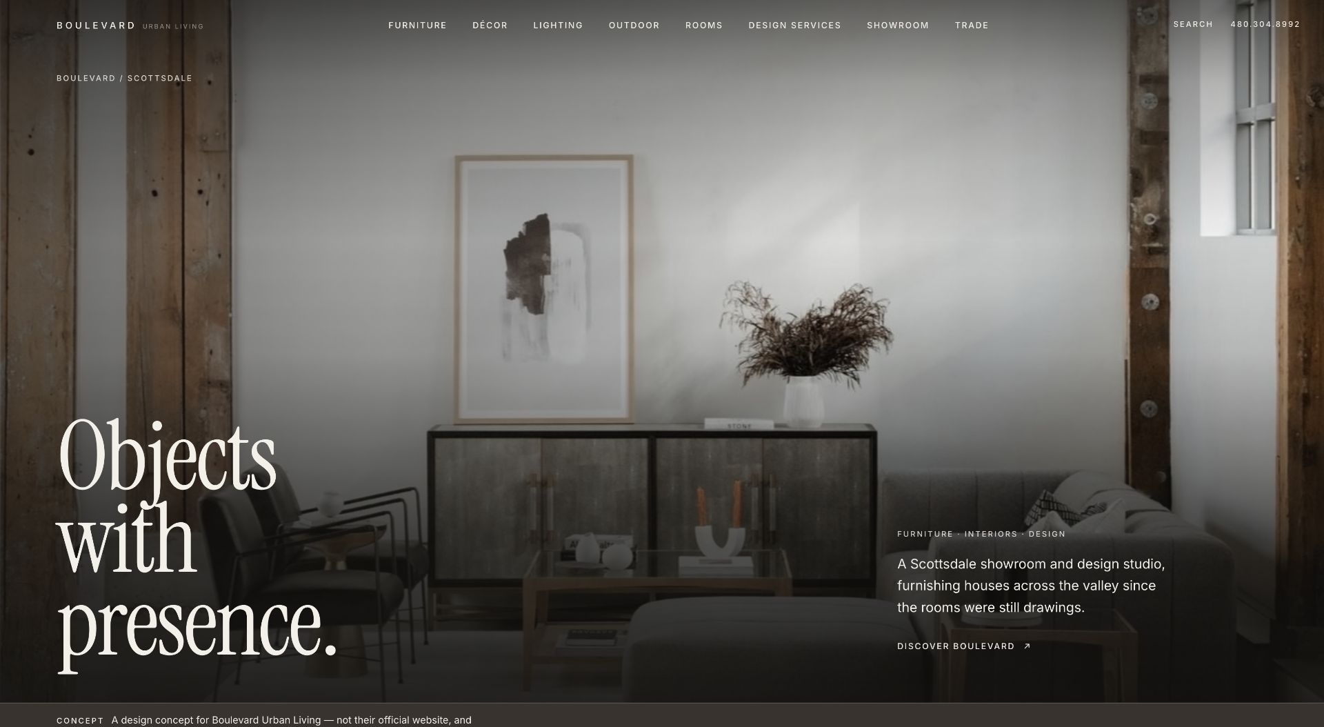 Boulevard Urban Living website homepage featuring a warm Scottsdale interior and the headline Objects with presence