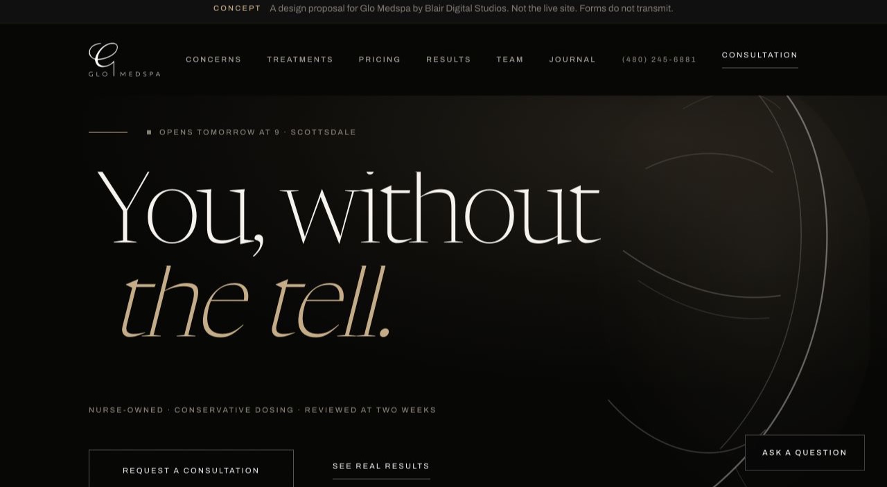Glo Medspa aesthetic medicine website concept showing the dark editorial homepage and You, without the tell headline